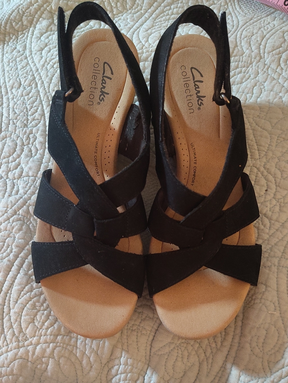 Clarks Black Suede Slingback Wedge Sandals